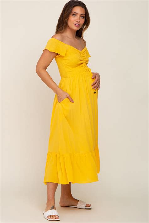 Yellow Smocked Ruched Ruffle Hem Maternity Maxi Dress Pinkblush