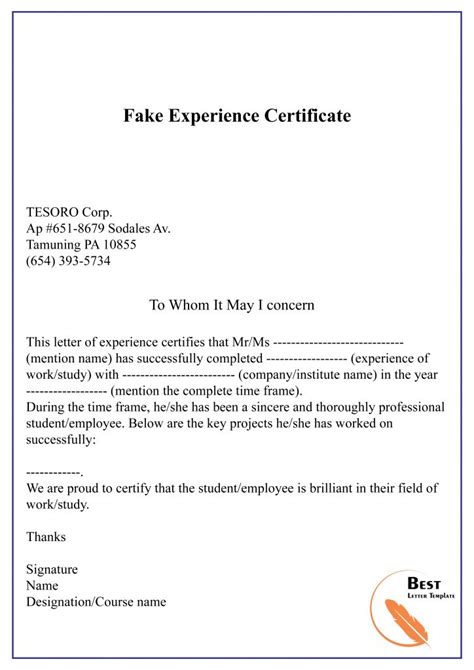 The Fake Experience Certificate Is Displayed In This Image It Appears