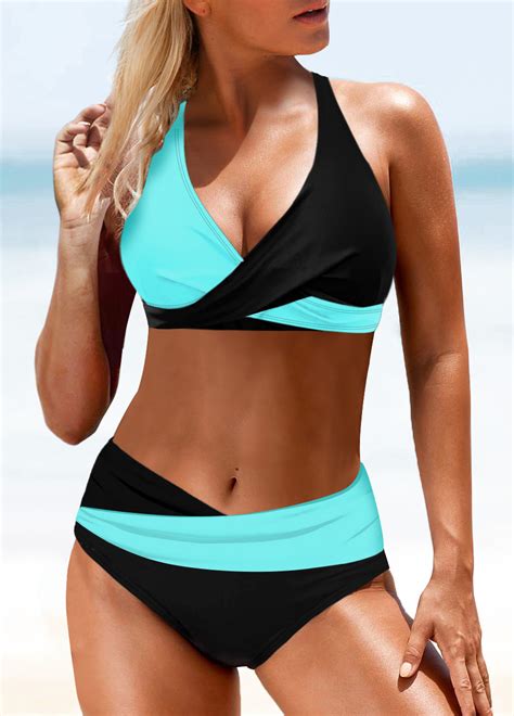 Rotita Color Block Criss Cross Neck Mid Waist Bikini Set Rotita