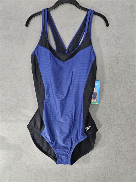 Speedo Womens One Piece Swimsuit Colorblock Size Xl Blue Black Open