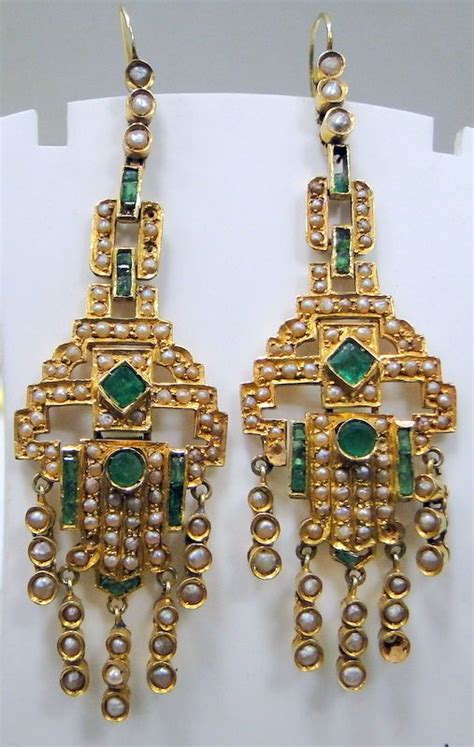 Art Deco Earrings Vintage Antique K Solid Gold Emerald Pearls