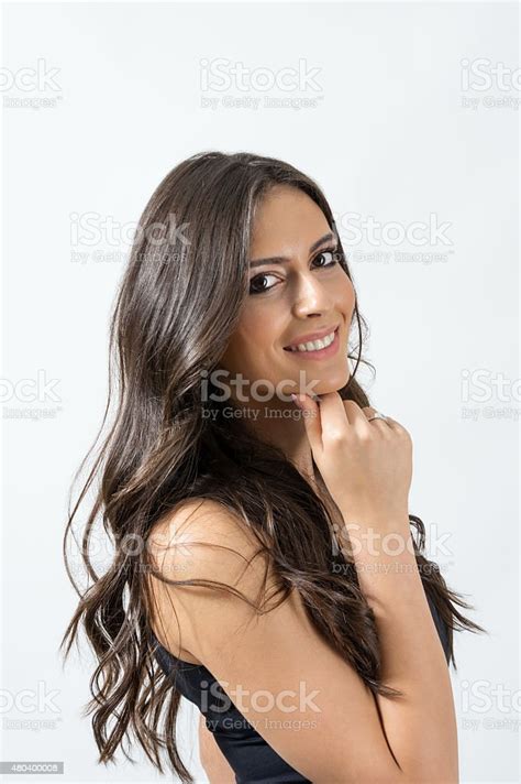 Attractive Tanned Long Hair Woman Beauty Model Smiling At Camera Stock