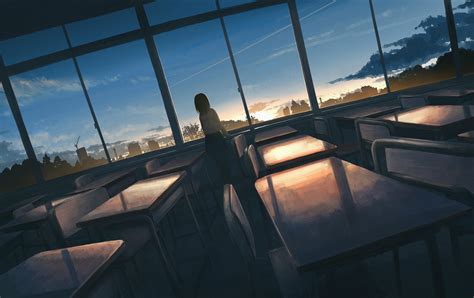 Schoolgirl Anime City Digital Art Artwork Moescape Clouds Sunset