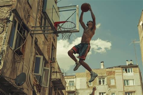 Premium Photo Basketball Street Player Making A Rear Slam Dunk