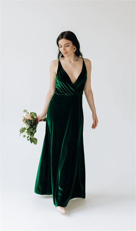 FOREST GREEN Velvet Bridesmaid Dress V neck Velvet Prom Dress | Etsy