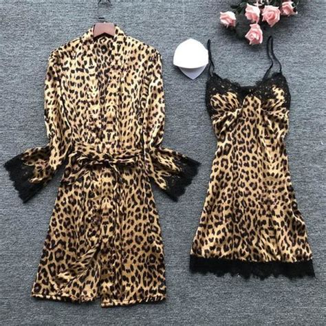 Womens Sexy Satin Sling Lace Leopard Sleepwear Lingerie Nightwear Ensemble De Sous V Tements
