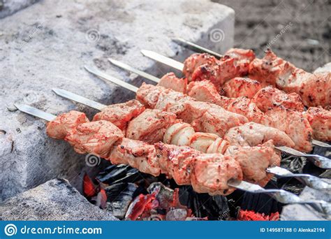 Pork Shish Kebab On Skewers Marinated Meat Meat Kebab Skewers On