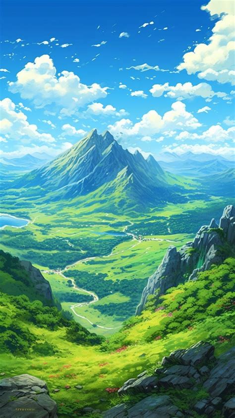 Anime Landscape With Mountains And Green Grass