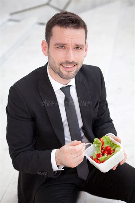 Businessman Eating Salad For Lunch Break Stock Image Image Of Smile