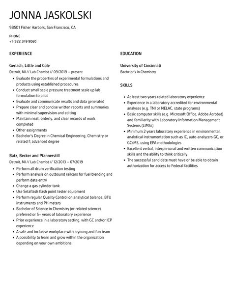 Lab Chemist Resume Samples Velvet Jobs