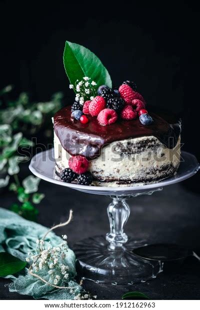 Naked Cake Fresh Fruit Chocolate Sauce Stock Photo