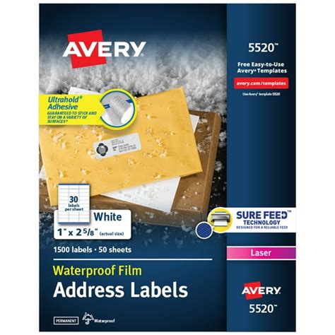 Avery Waterproof Address Labels With Ultrahold Permanent Adhesive 1 X 2 5 8 1 500 Labels For