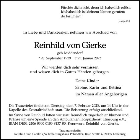 Traueranzeigen Von Reinhild Von Gierke Trauer L Neburg De