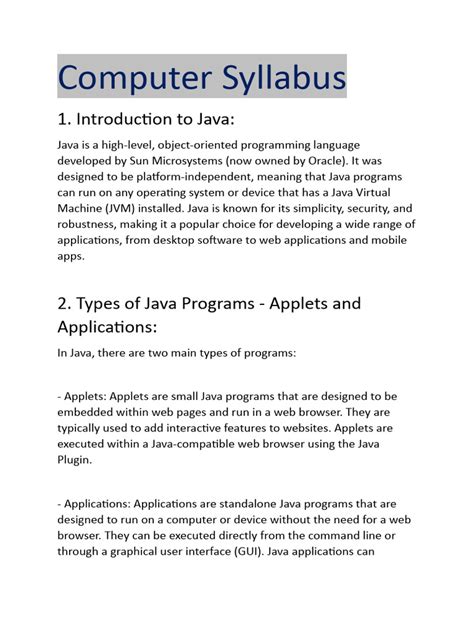 Computer Syllabus Pdf Java Programming Language Control Flow