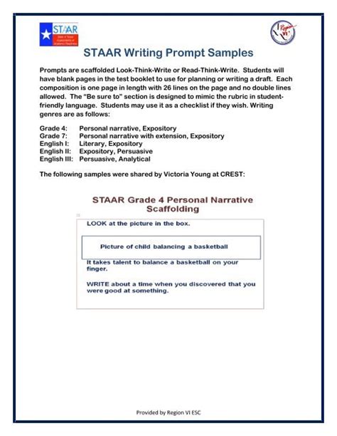 Staar Writing Prompt Samples Esc Region Vi