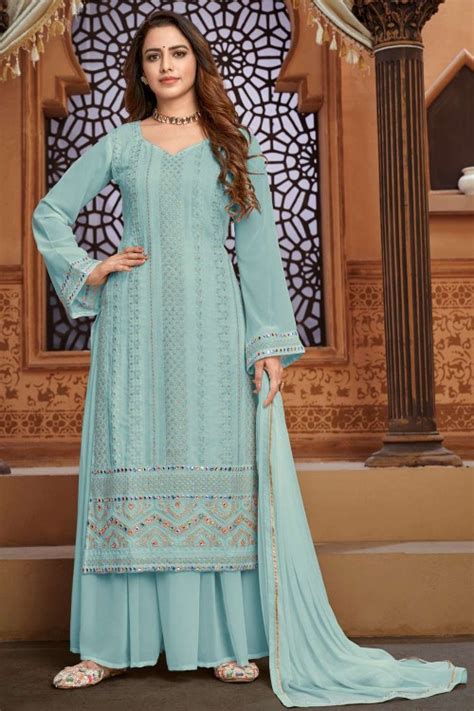 Light Blue Sharara Suit In Embroidered Faux Georgette UK SS0624