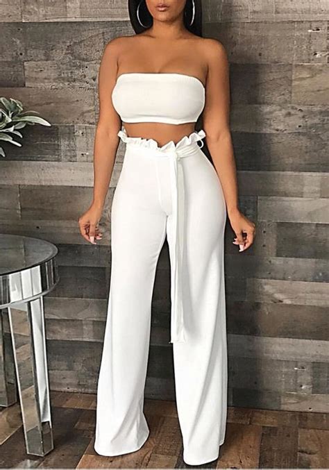 White Ruffle Sashes Off Shoulder Two Piece High Waisted Elegant Party