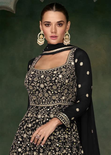 Black Georgette Anarkali Gown With Heavy Embroidery Urban Womania