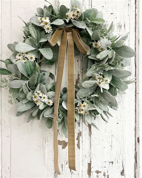 Year Round Lambs Ear Wreath With Daisies For Front Door Farmhouse