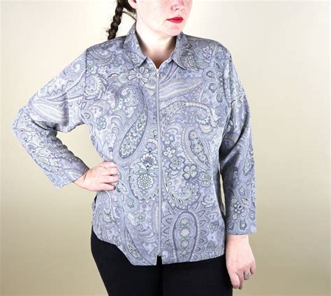 Dove Gray And Lavender Paisley Zip Up Jacket Blouse S Vintage