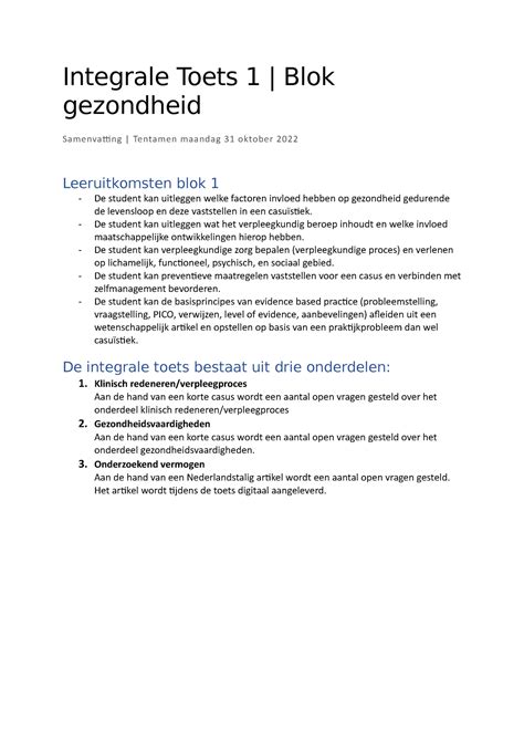 Integrale Toets 1 Samenvatting Integrale Toets 1 Blok Gezondheid