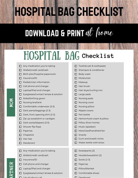 Printable Hospital Bag Packing Checklist For Mum And Ph