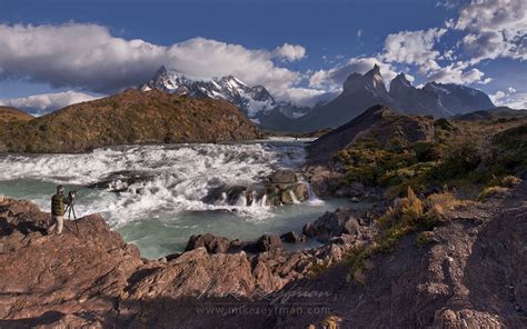 Rio Paine rapids and Cuernos del Paine. Torres del Paine National Park ...