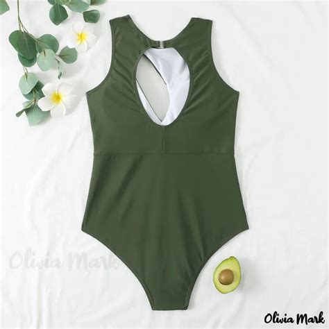 Olivia Mark One Piece Swimsuit Green Splicing Colorblock Hollow Out