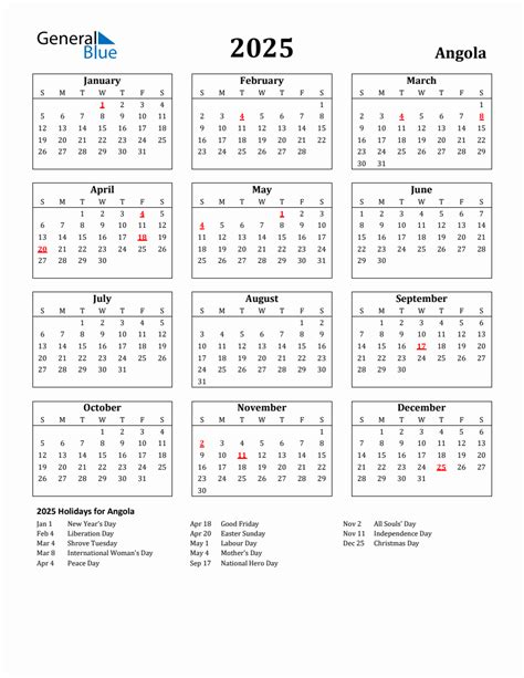 Free Printable 2025 Angola Holiday Calendar