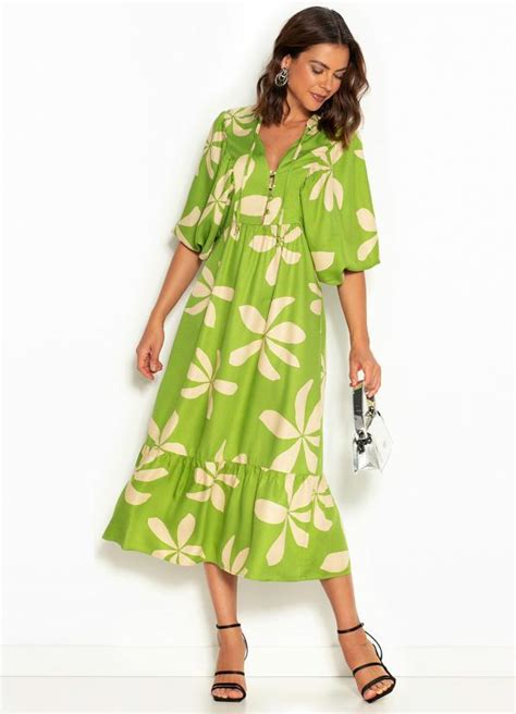 Vestido Midi De Viscose Floral Verde Hering