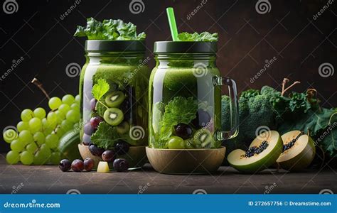 Glass Jar Mugs With Green Health Smoothie Kale Leaves Lime Apple