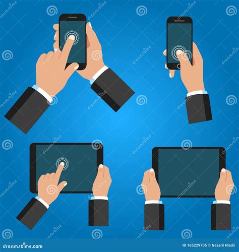 Hand Holding Black Smartphone Touching Blank White Screen Vector Illustration Stock Vector