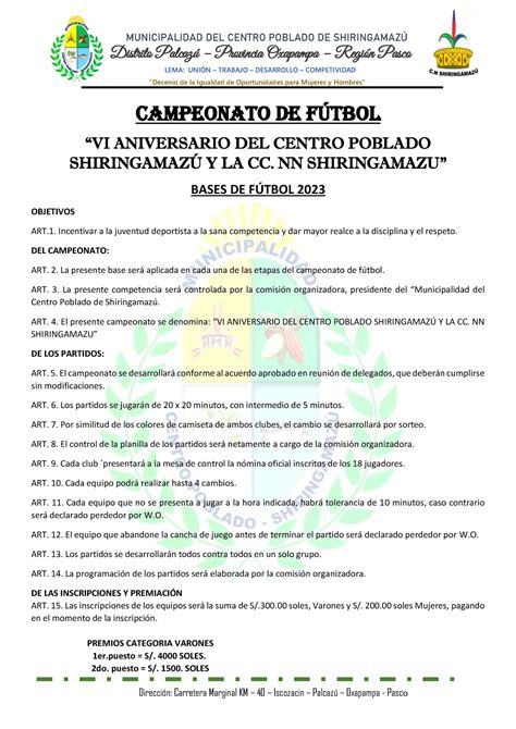 Bases DE Campeonato DE Fútbol MUNICIPALIDAD DEL CENTRO POBLADO DE