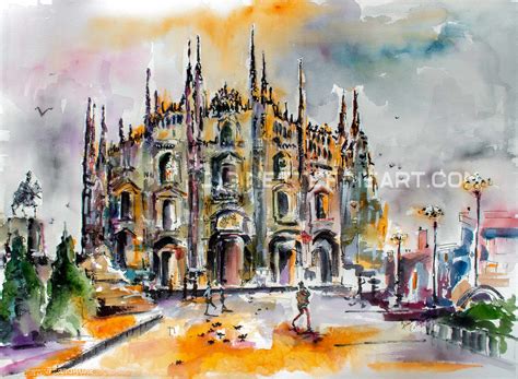 Milan Italy Art Large Original Watercolor and Ink by Ginette Fine Art