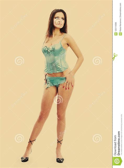 Brunette Wearing Blue Lingerie Stock Photo Image Of Face Beauty