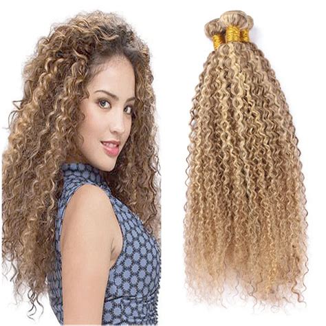 Kinky Curly Human Hair Bundles Light Brown With Blonde Highlight Extensions Piano Color
