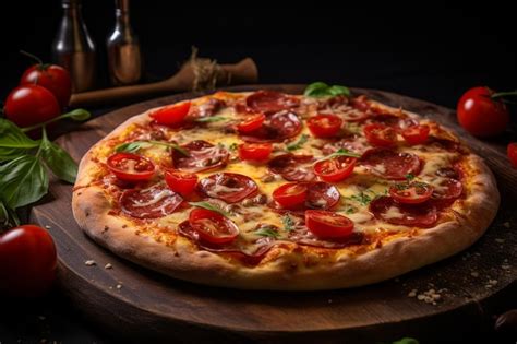 Premium Photo Pepperoni Pizza With Bell Peppers Tomato Olive And Cheese