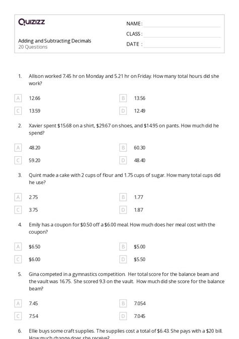 50 Adding Money Worksheets For 6th Grade On Quizizz Free Printable