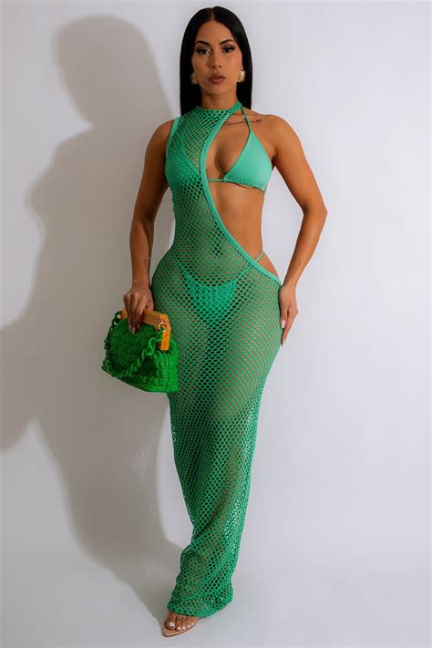 Cutout Sleeveless Maxi Cover Ups Bikini Three Piece Set