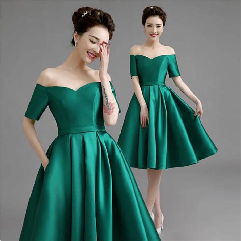 2016 New Knee Length Off Shoulder Half Sleeves Hunter Green Color Satin