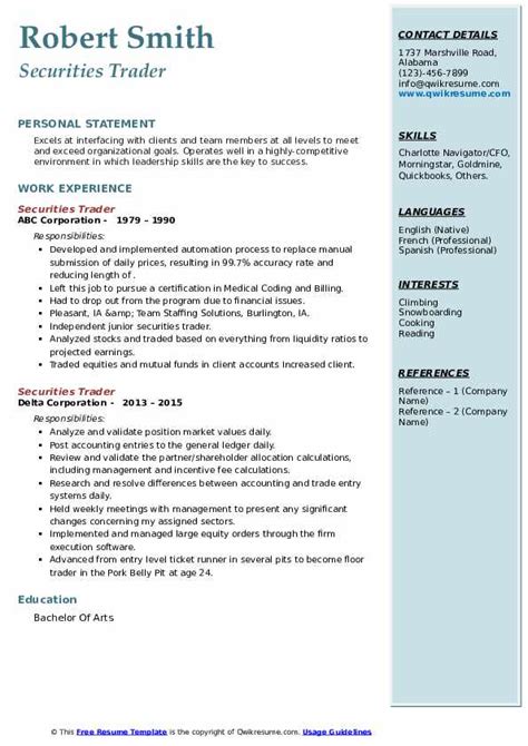 Securities Trader Resume Samples Qwikresume