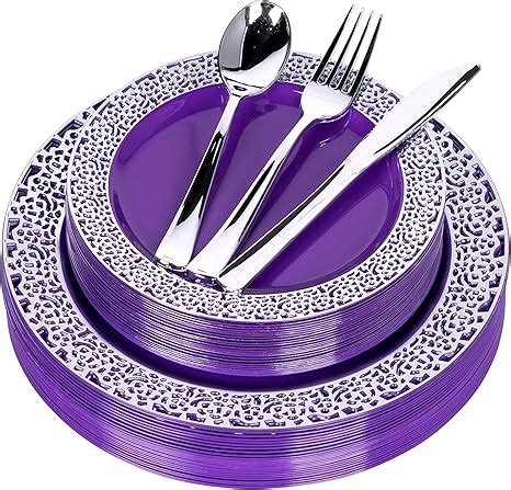 Amazon Fomoica Purple Silver Plastic Plates And Silverware