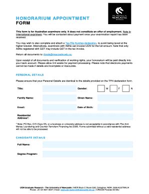 Fillable Online Honorarium Appointment Form University Of Newcastle