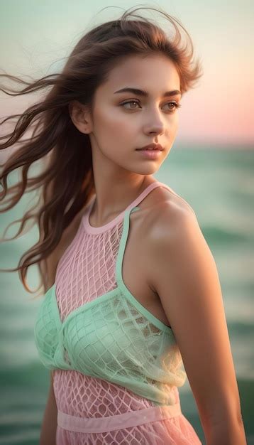 Premium Photo A Woman With Long Hair And A Green Top With A Pink