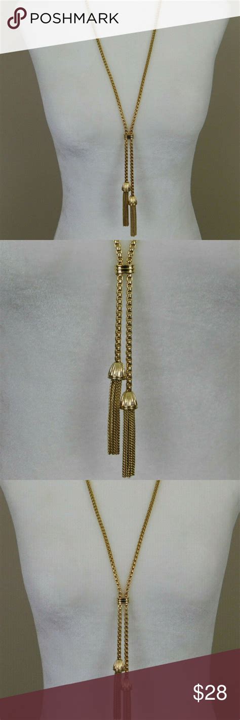 J Crew Gold Tone Lariat Tassel Necklace J Crew Gold Tone Lariat Double Tassel 27 Inch Box Chain