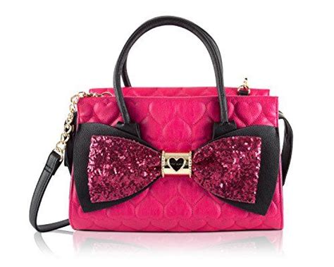 Betsey Johnson Quilted Heart Faux Leather Sequin Bow Fuschia Black