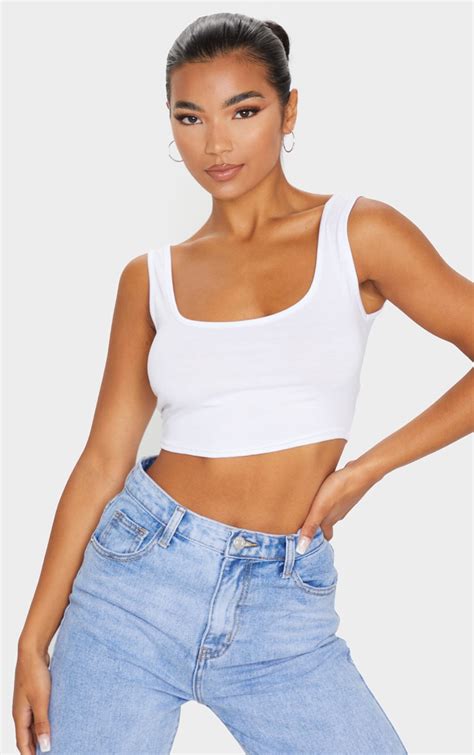 Basic White Cotton Blend Scoop Neck Crop Top Tops Prettylittlething Ire