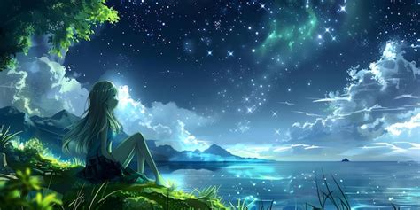 premium photo calm anime girl  serene settings  nature stars