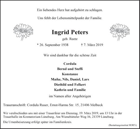 Traueranzeigen Von Ingrid Peters Trauer L Neburg De