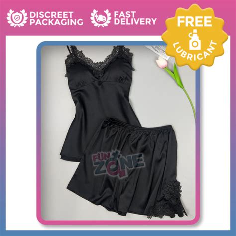 Funzone Tanya Sexy Lace Silk Nighties For Women Sexy Lingerie Sleepwear For Women Black